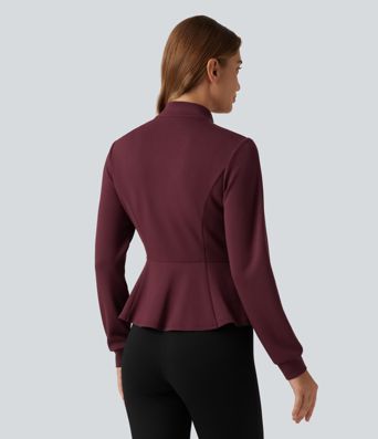 SpacerTek™ Stand Collar Zip Fly Long Sleeve Ruffle Hem Yoga Jacket with Pockets