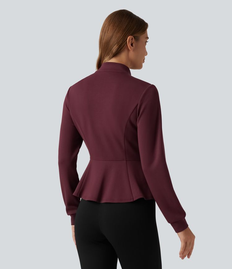 SpacerTek™ Stand Collar Zip Fly Long Sleeve Ruffle Hem Yoga Jacket with Pockets