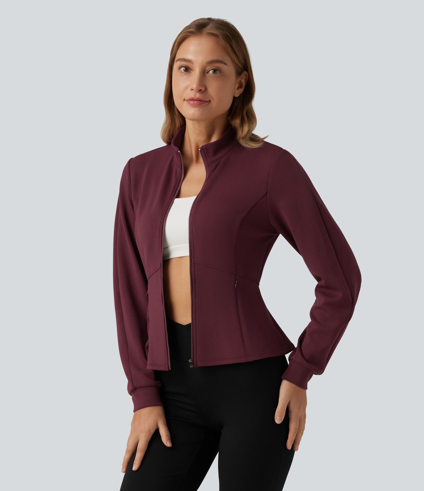 SpacerTek™ Stand Collar Zip Fly Long Sleeve Ruffle Hem Yoga Jacket with Pockets
