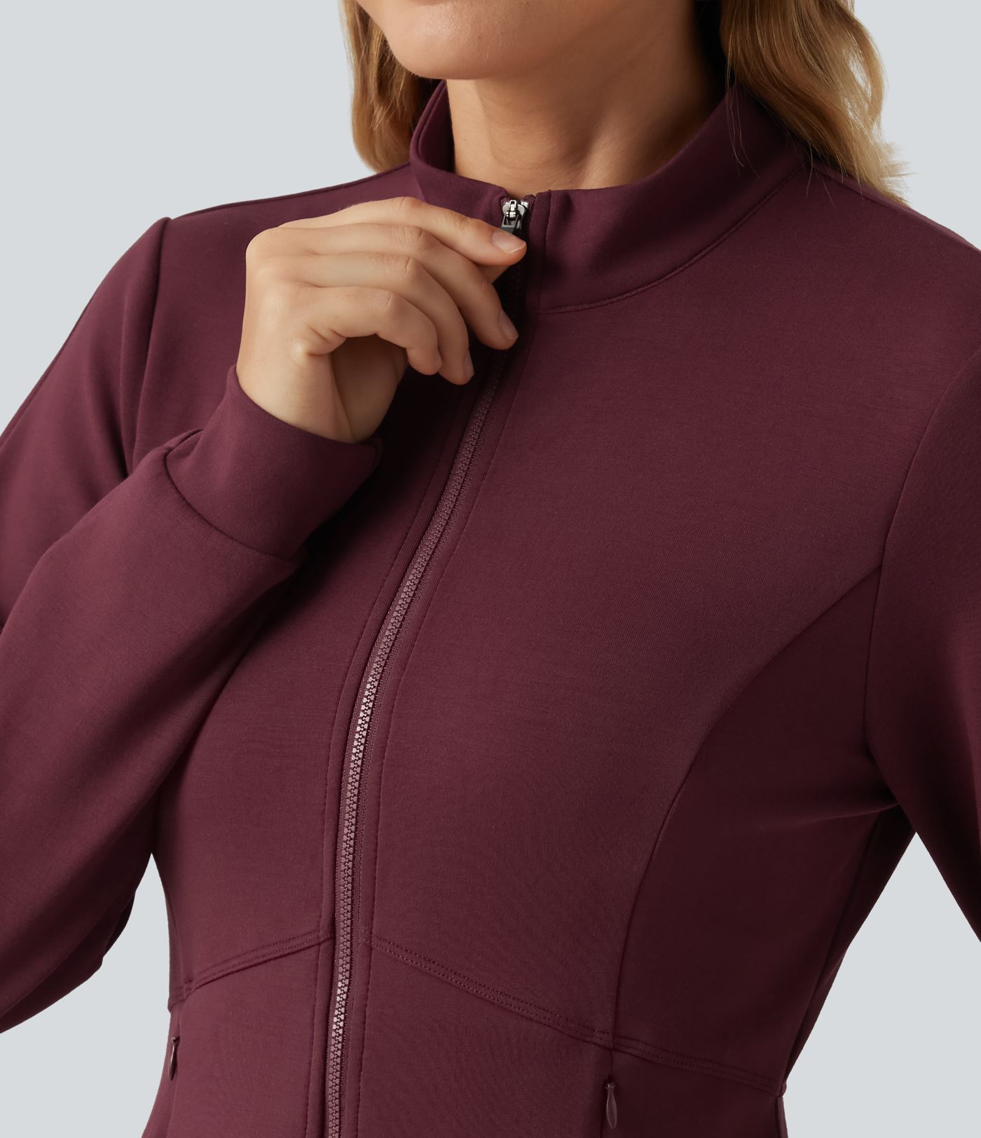 SpacerTek™ Stand Collar Zip Fly Long Sleeve Ruffle Hem Yoga Jacket with Pockets