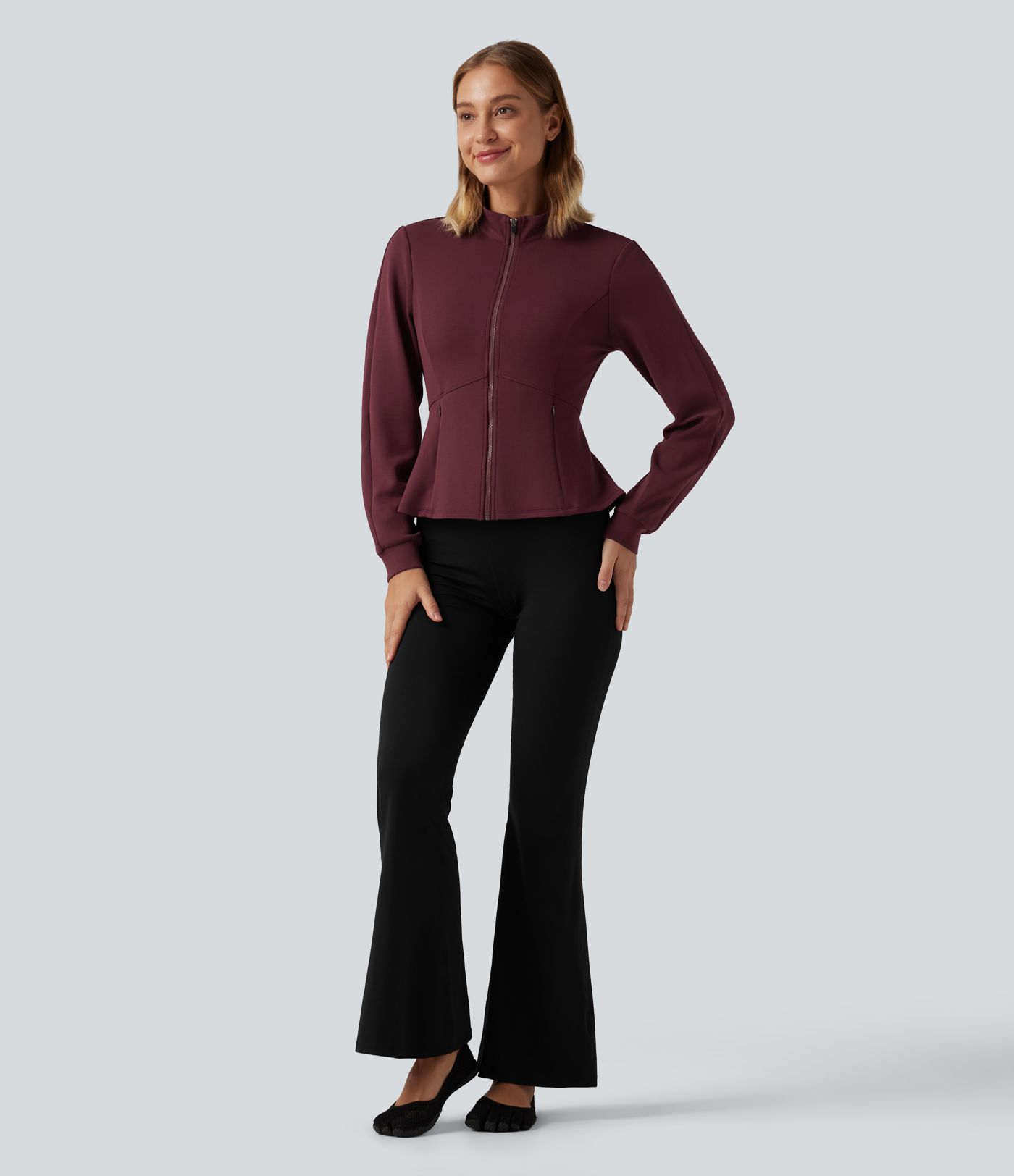 SpacerTek™ Stand Collar Zip Fly Long Sleeve Ruffle Hem Yoga Jacket with Pockets