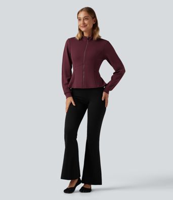 SpacerTek™ Stand Collar Zip Fly Long Sleeve Ruffle Hem Yoga Jacket with Pockets