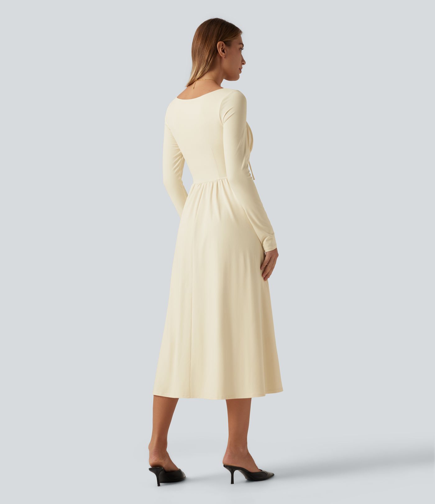 Square Neck Long Sleeve Built-In Bra A-Line Milkmaid Midi Dress