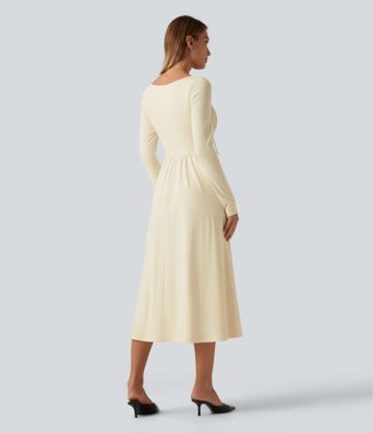 Square Neck Long Sleeve Built-In Bra A-Line Milkmaid Midi Dress