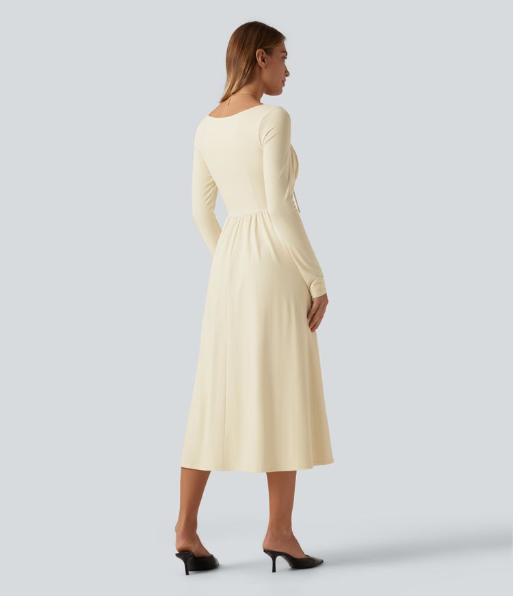 Square Neck Long Sleeve Built-In Bra A-Line Milkmaid Midi Dress