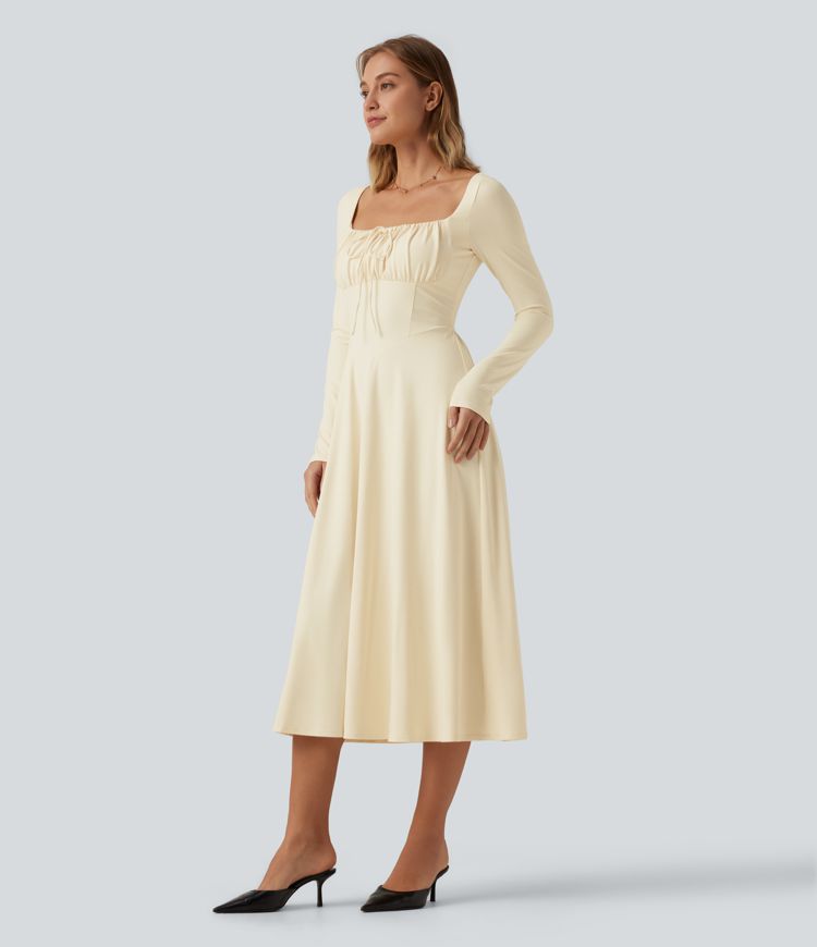 Square Neck Long Sleeve Built-In Bra A-Line Milkmaid Midi Dress