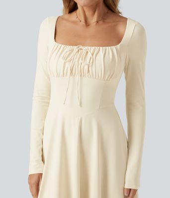 Square Neck Long Sleeve Built-In Bra A-Line Milkmaid Midi Dress