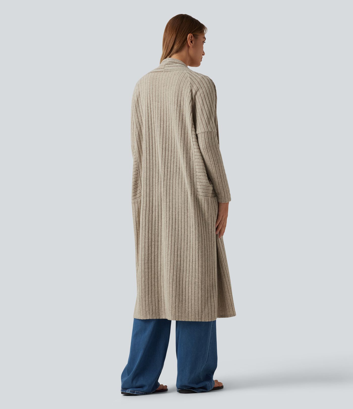 Cardigan long en maille côtelée à manches chauve-souris, ceinture et manches longues