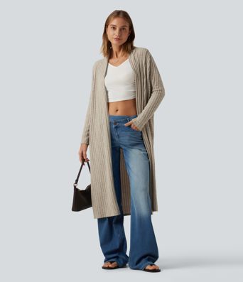 Cardigan long en maille côtelée à manches chauve-souris, ceinture et manches longues