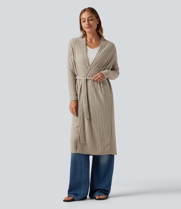 Cardigan long en maille côtelée à manches chauve-souris, ceinture et manches longues