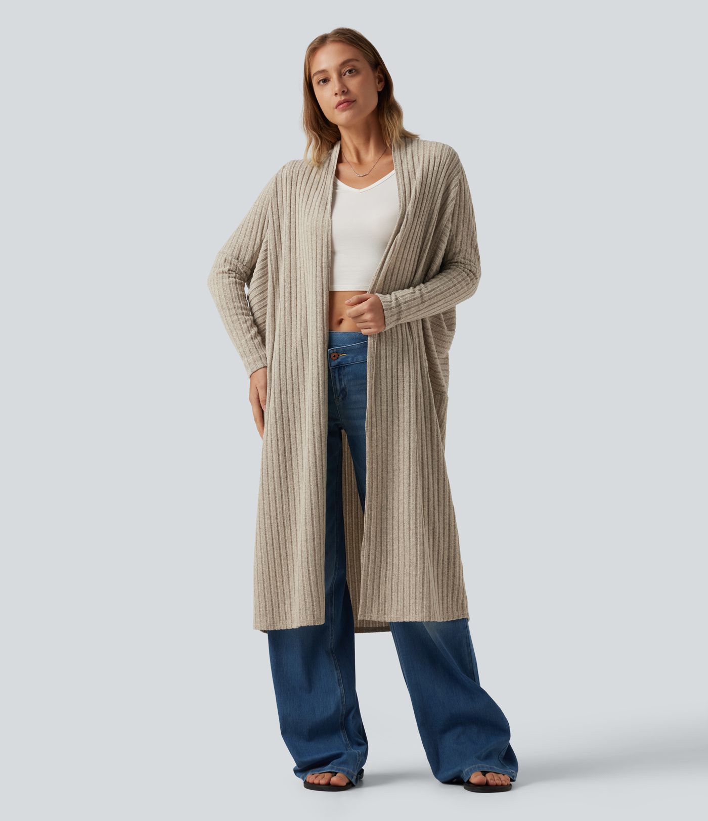Cardigan long en maille côtelée à manches chauve-souris, ceinture et manches longues
