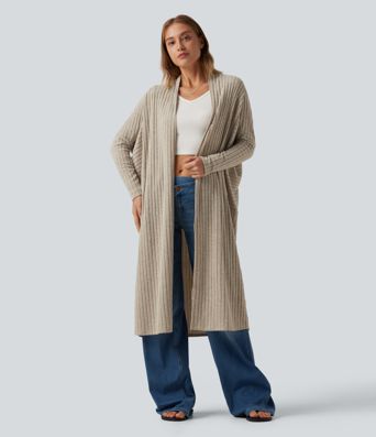 Cardigan long en maille côtelée à manches chauve-souris, ceinture et manches longues
