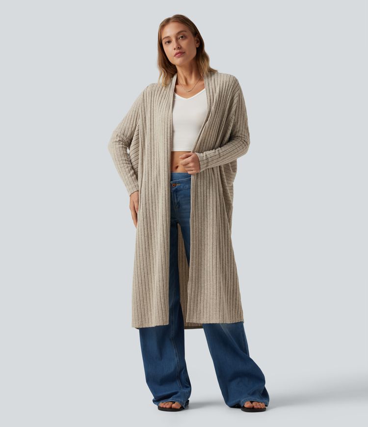Cardigan long en maille côtelée à manches chauve-souris, ceinture et manches longues
