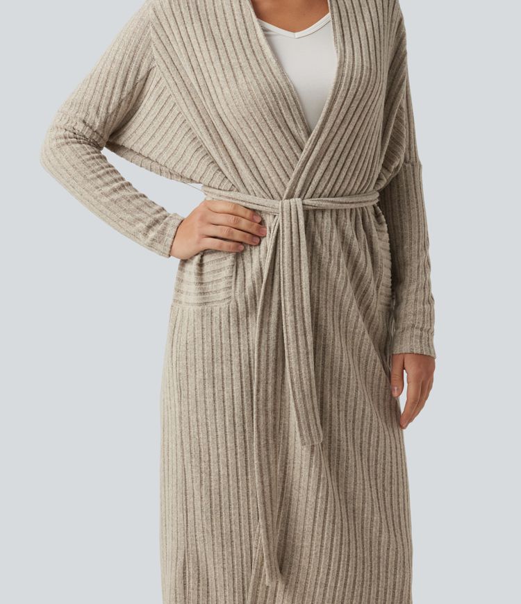 Cardigan long en maille côtelée à manches chauve-souris, ceinture et manches longues