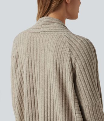 Cardigan long en maille côtelée à manches chauve-souris, ceinture et manches longues