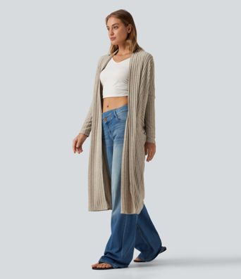 Cardigan long en maille côtelée à manches chauve-souris, ceinture et manches longues