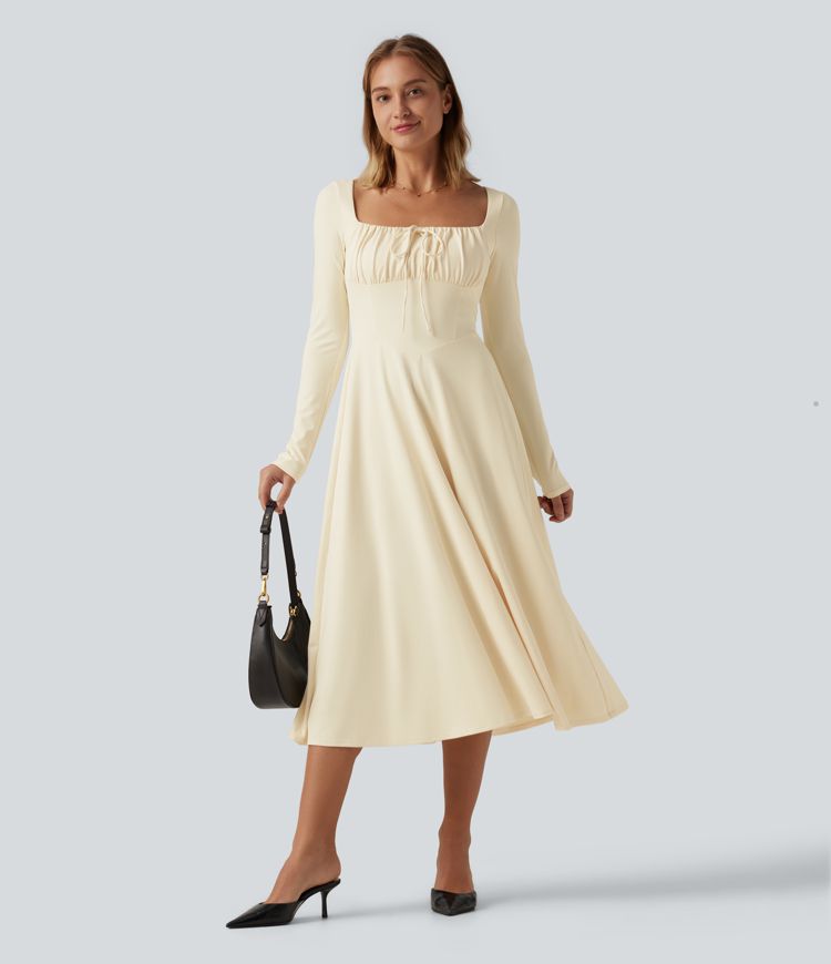 Square Neck Long Sleeve Built-In Bra A-Line Milkmaid Midi Dress