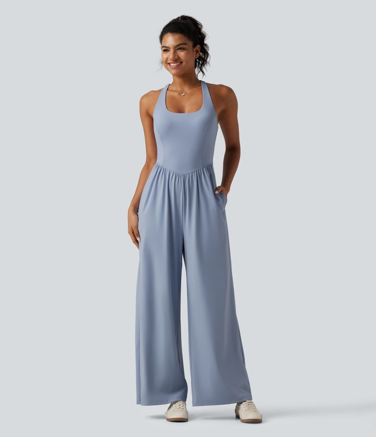 SoftlyZero™ Airy U Neck Crisscross Back InstantCool Dance Jumpsuit with Built-in Bra and Pockets-Easy Peezy Edition