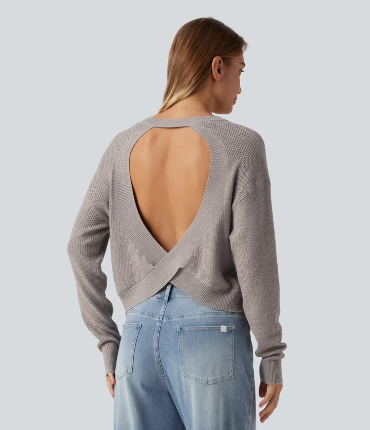 Round Neck Long Sleeve Cut-Out Back Casual Sweater Round Neck Long Sleeve Cut-Out Back Casual Sweater