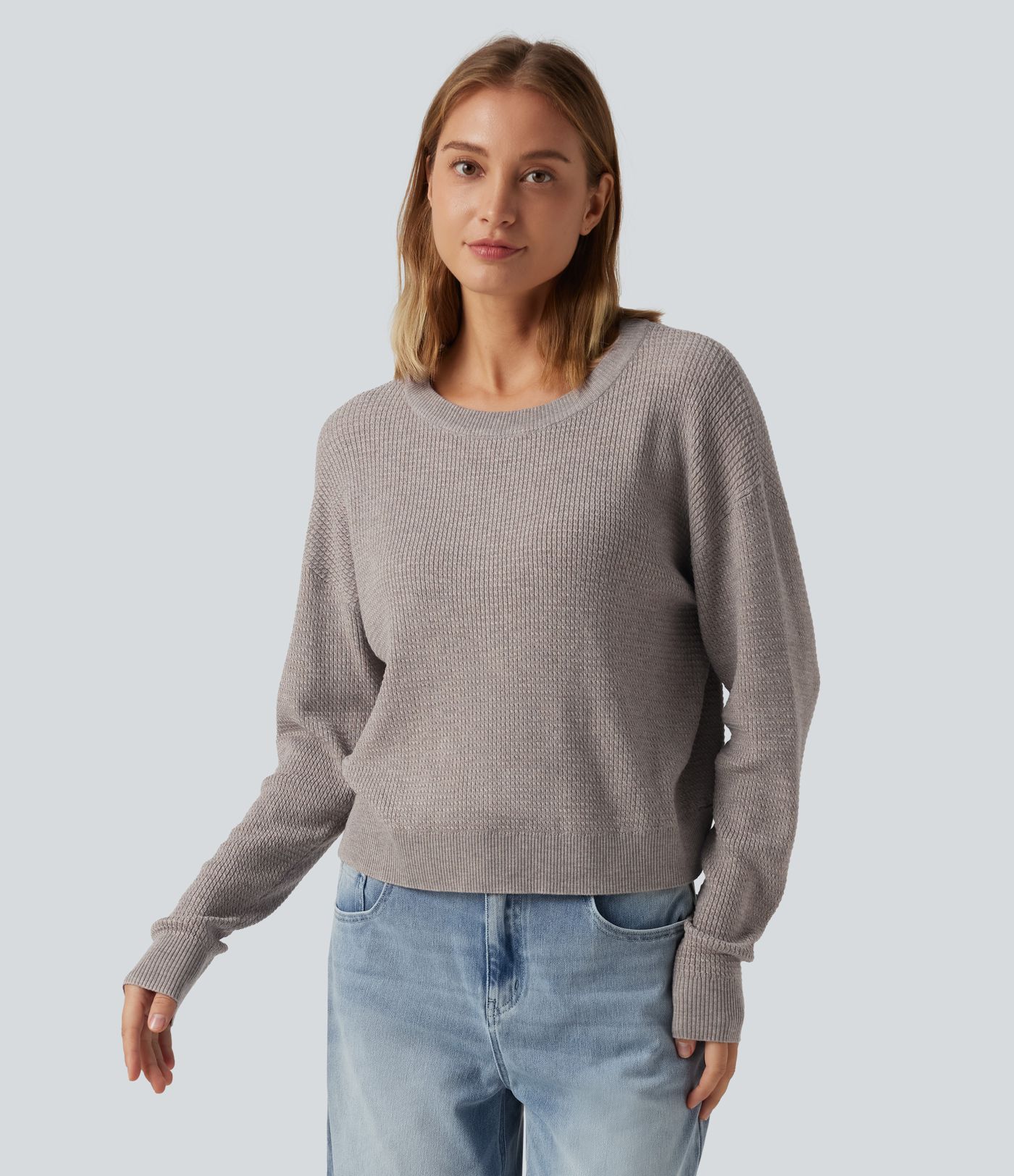 Round Neck Long Sleeve Cut-Out Back Casual Sweater Round Neck Long Sleeve Cut-Out Back Casual Sweater