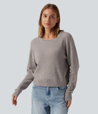 Round Neck Long Sleeve Cut-Out Back Casual Sweater Round Neck Long Sleeve Cut-Out Back Casual Sweater