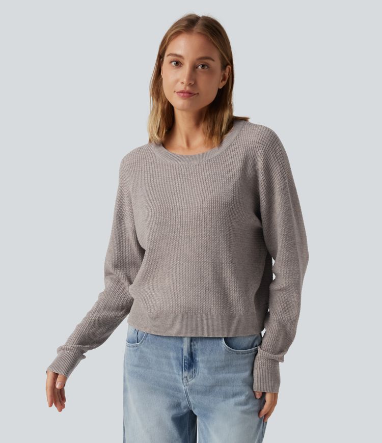 Round Neck Long Sleeve Cut-Out Back Casual Sweater Round Neck Long Sleeve Cut-Out Back Casual Sweater