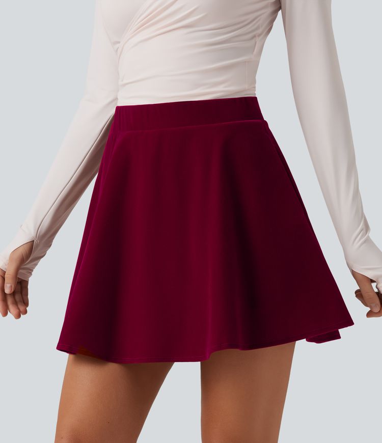 High Waisted A-Line Velvet Party Mini Skirt with Pockets
