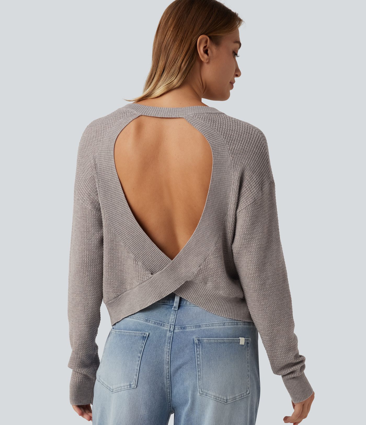 Round Neck Long Sleeve Cut-Out Back Casual Sweater Round Neck Long Sleeve Cut-Out Back Casual Sweater