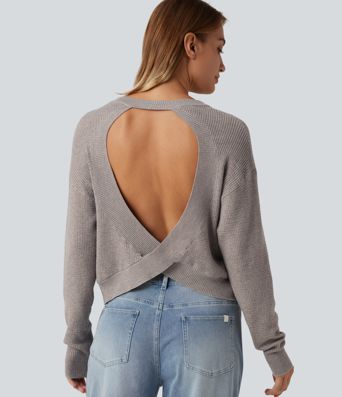 Round Neck Long Sleeve Cut-Out Back Casual Sweater Round Neck Long Sleeve Cut-Out Back Casual Sweater