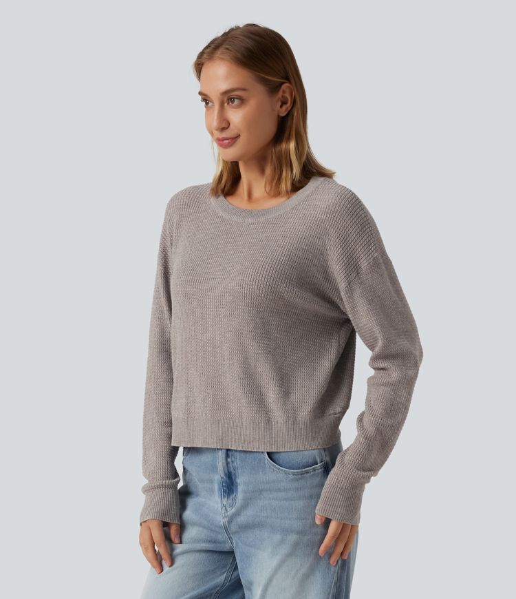 Round Neck Long Sleeve Cut-Out Back Casual Sweater Round Neck Long Sleeve Cut-Out Back Casual Sweater