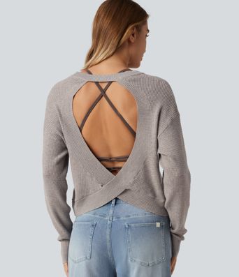 Round Neck Long Sleeve Cut-Out Back Casual Sweater Round Neck Long Sleeve Cut-Out Back Casual Sweater