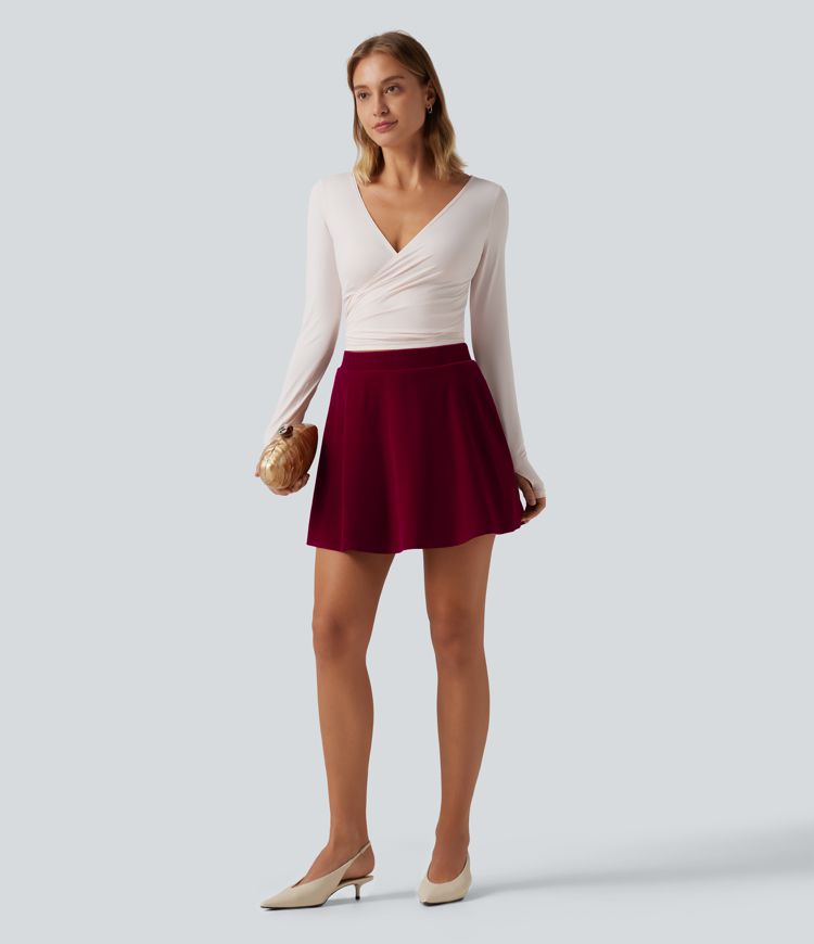 High Waisted A-Line Velvet Party Mini Skirt with Pockets