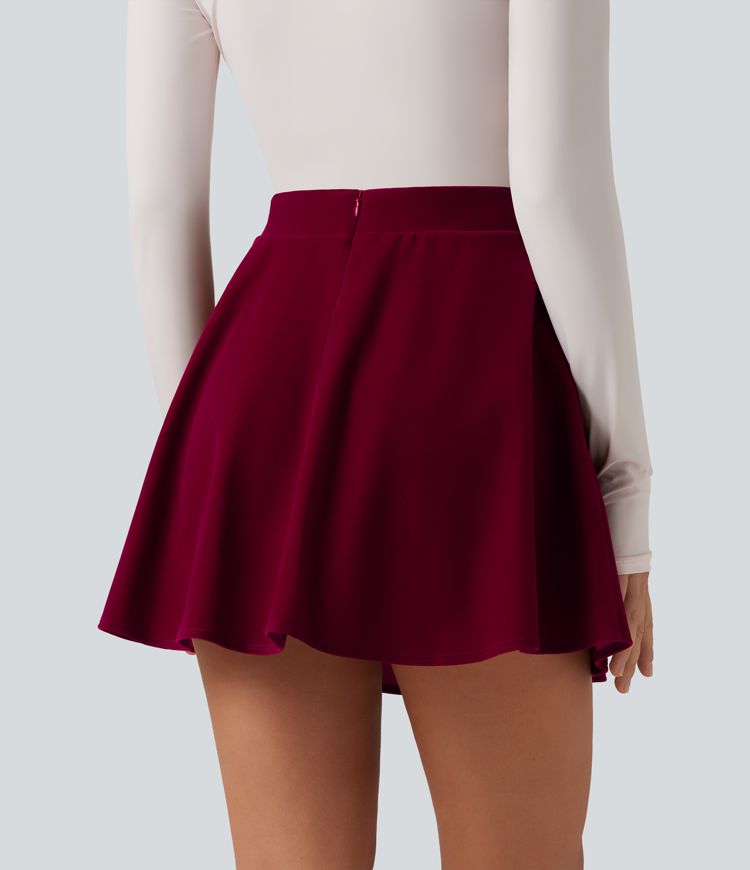 High Waisted A-Line Velvet Party Mini Skirt with Pockets
