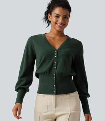 V Neck Bishop Long Sleeve Work Cardigan V Neck Bishop Long Sleeve Work Cardigan