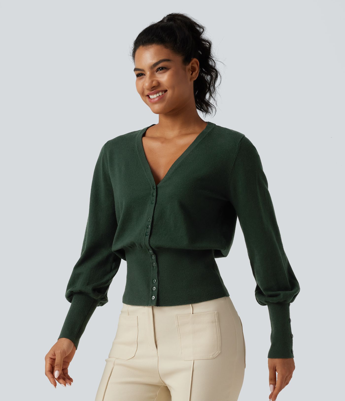 V Neck Bishop Long Sleeve Work Cardigan V Neck Bishop Long Sleeve Work Cardigan