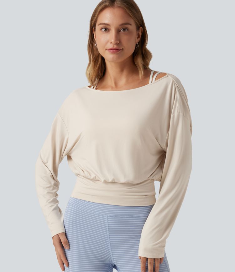 Boat Neck Dropped Shoulder Long Sleeve Contrast Mesh Casual Top