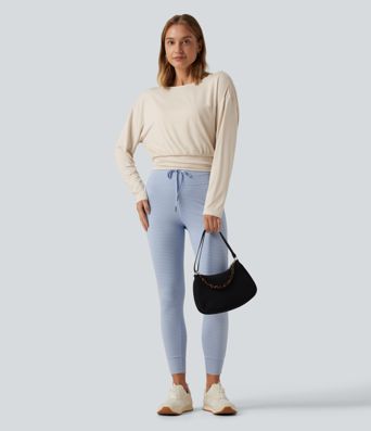 Boat Neck Dropped Shoulder Long Sleeve Contrast Mesh Casual Top