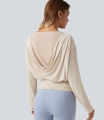 Boat Neck Dropped Shoulder Long Sleeve Contrast Mesh Casual Top