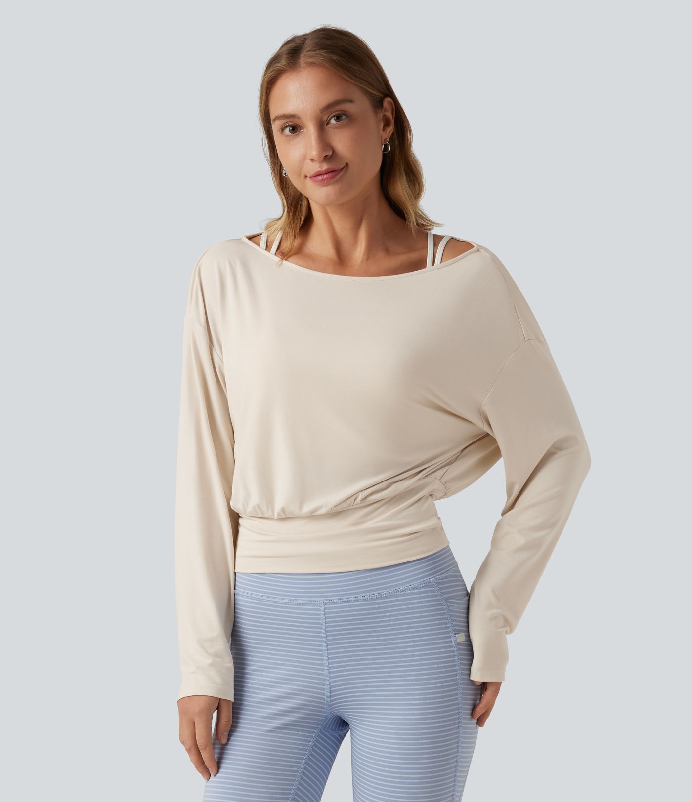 Boat Neck Dropped Shoulder Long Sleeve Contrast Mesh Casual Top