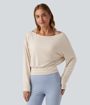 Boat Neck Dropped Shoulder Long Sleeve Contrast Mesh Casual Top