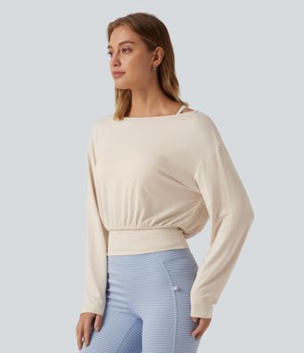 Boat Neck Dropped Shoulder Long Sleeve Contrast Mesh Casual Top
