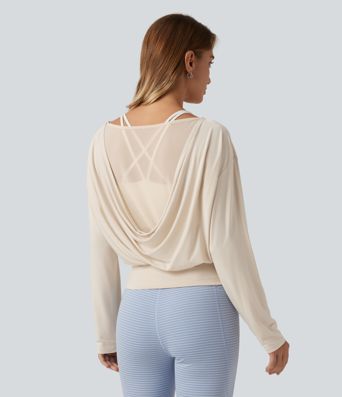 Boat Neck Dropped Shoulder Long Sleeve Contrast Mesh Casual Top
