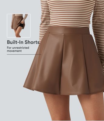 High Waisted Fleece Work PU Leather Mini Skirt with Built-in Shorts and Pockets High Waisted Fleece Work PU Leather Mini Skirt with Built-in Shorts and Pockets