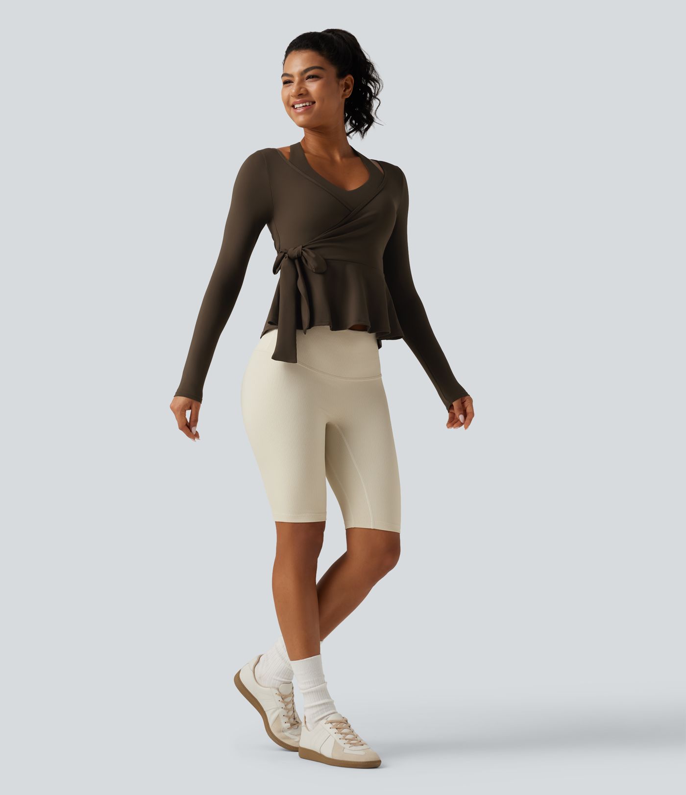 SoftlyZero™ Airy InstantCool Deep V Neck 2-in-1 Tie Side Backless Ruffle Hem Long Sleeve Yoga Sports Top