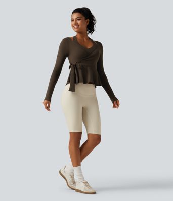 SoftlyZero™ Airy InstantCool Deep V Neck 2-in-1 Tie Side Backless Ruffle Hem Long Sleeve Yoga Sports Top