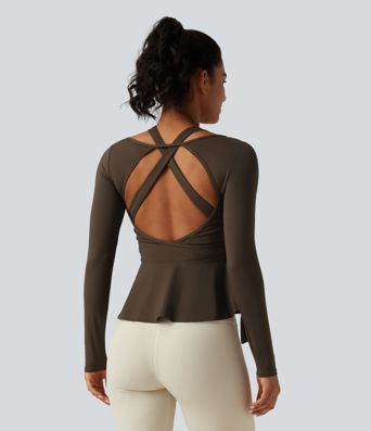 SoftlyZero™ Airy InstantCool Deep V Neck 2-in-1 Tie Side Backless Ruffle Hem Long Sleeve Yoga Sports Top