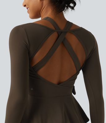SoftlyZero™ Airy InstantCool Deep V Neck 2-in-1 Tie Side Backless Ruffle Hem Long Sleeve Yoga Sports Top
