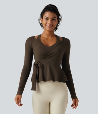 SoftlyZero™ Airy InstantCool Deep V Neck 2-in-1 Tie Side Backless Ruffle Hem Long Sleeve Yoga Sports Top