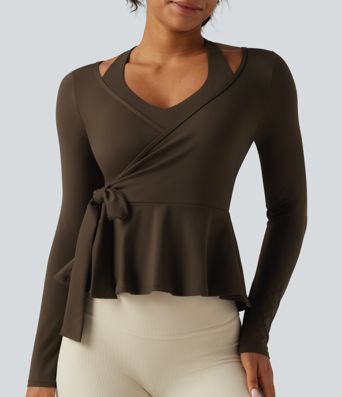 SoftlyZero™ Airy InstantCool Deep V Neck 2-in-1 Tie Side Backless Ruffle Hem Long Sleeve Yoga Sports Top