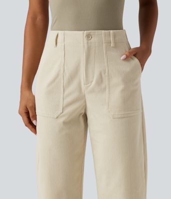 High Waisted Barrel Leg Corduroy Casual Pants with Pockets